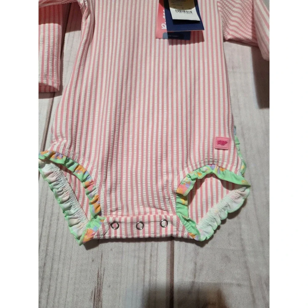 RuffleButts Pink Seersucker Long Sleeve Rash Guard‎ Swimsuit UPF 50+ 12-18M